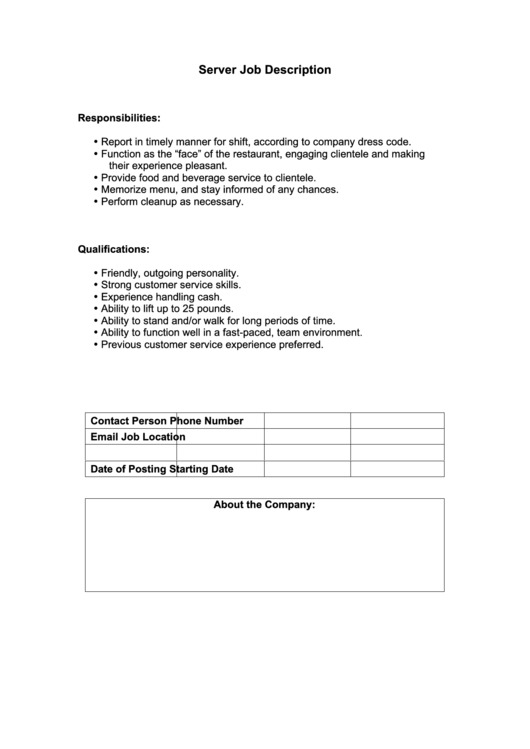 Server Job Description Printable pdf