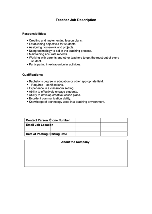 Teacher Job Description Printable pdf