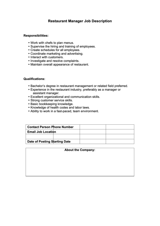 Restaurant Manager Job Description Printable pdf
