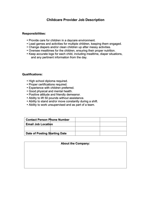 Childcare Provider Job Description Printable pdf