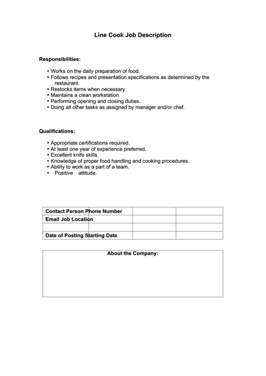Line Cook Job Description Printable pdf