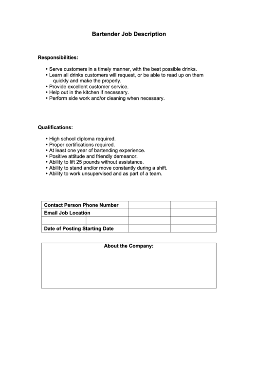 Bartender Job Description Printable pdf