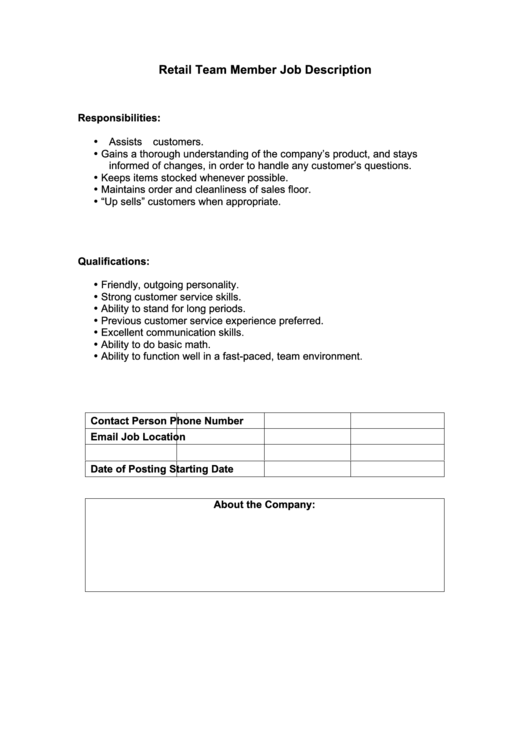Retail Team Member Job Description Printable Pdf Download