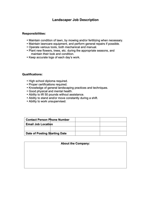 Landscaper Job Description Template Printable pdf