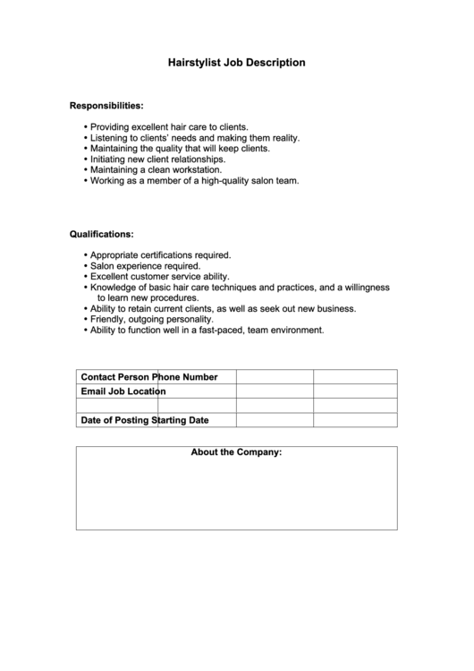 Hairstylist Job Description Printable pdf