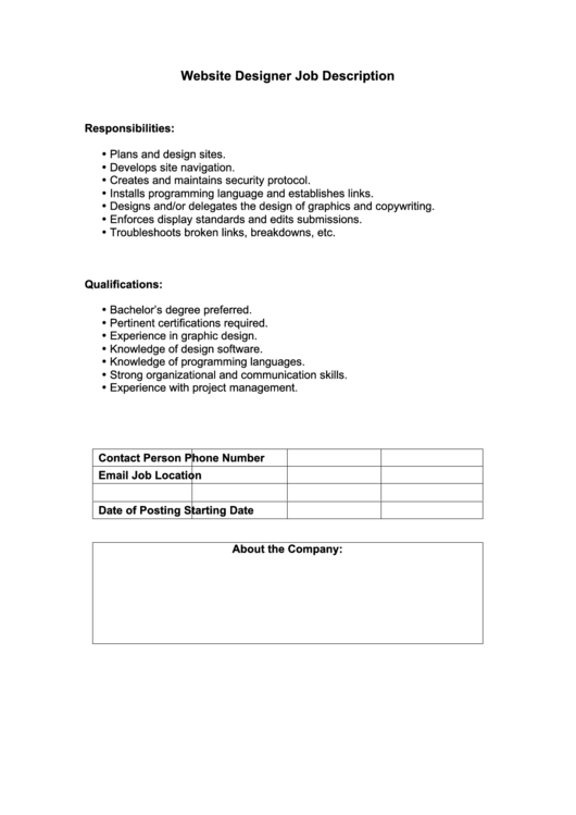 Website Designer Job Description Printable pdf