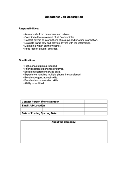 Dispatcher Job Description Printable pdf