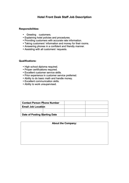 Hotel Front Desk Staff Job Description Printable pdf