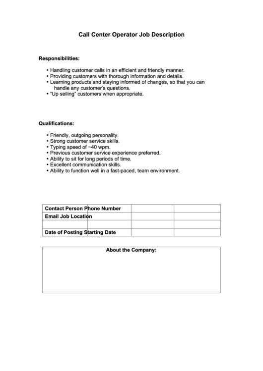 Call Center Operator Job Description Printable pdf