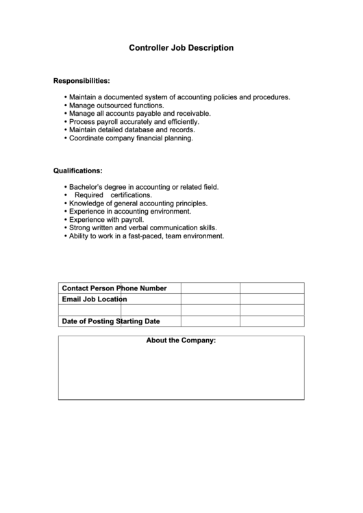 Controller Job Description Printable pdf