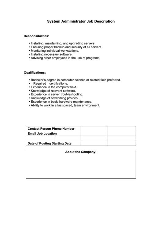 System Administrator Job Description Printable pdf