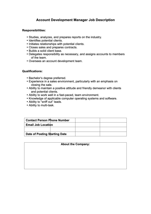 Account Development Manager Job Description Printable pdf