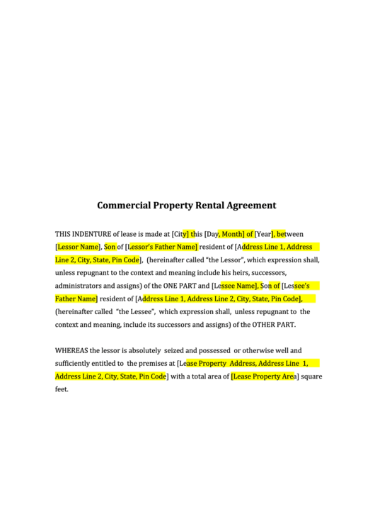 Commercial Property Rental Agreement Form Printable pdf