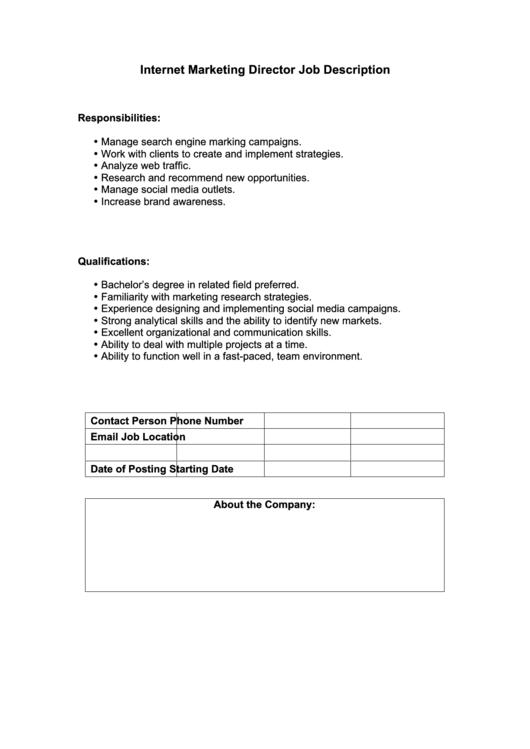 Internet Marketing Director Job Description Printable pdf