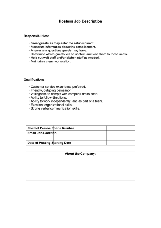 Hostess Job Description Printable pdf