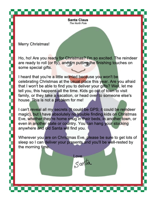 Away From Home Santa Letter Template Printable pdf
