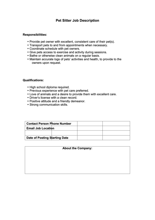 Pet Sitter Job Description Printable pdf
