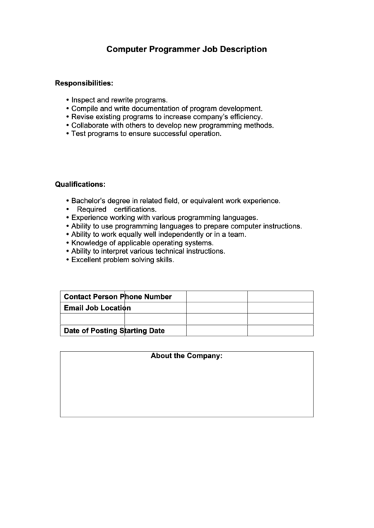 Computer Programmer Job Description Printable pdf