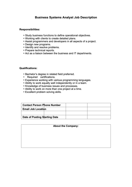Business Systems Analyst Job Description Printable pdf
