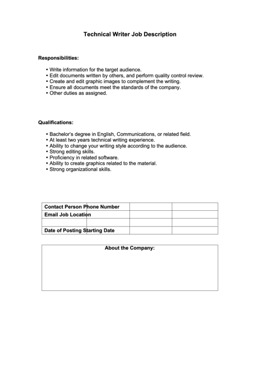 Technical Writer Job Description Printable pdf