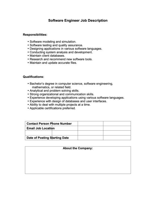 Software Engineer Job Description Printable pdf