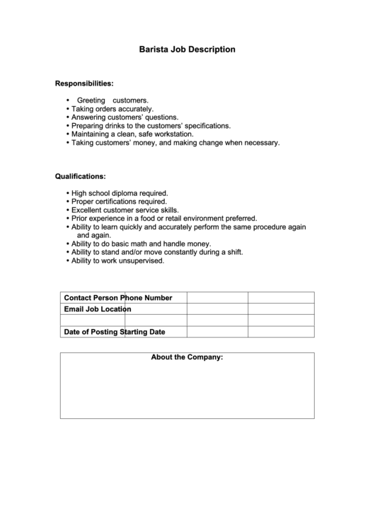 Barista Job Description Printable pdf