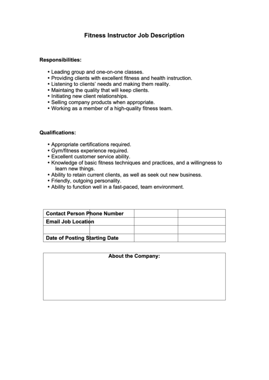 Fitness Instructor Job Description Printable pdf