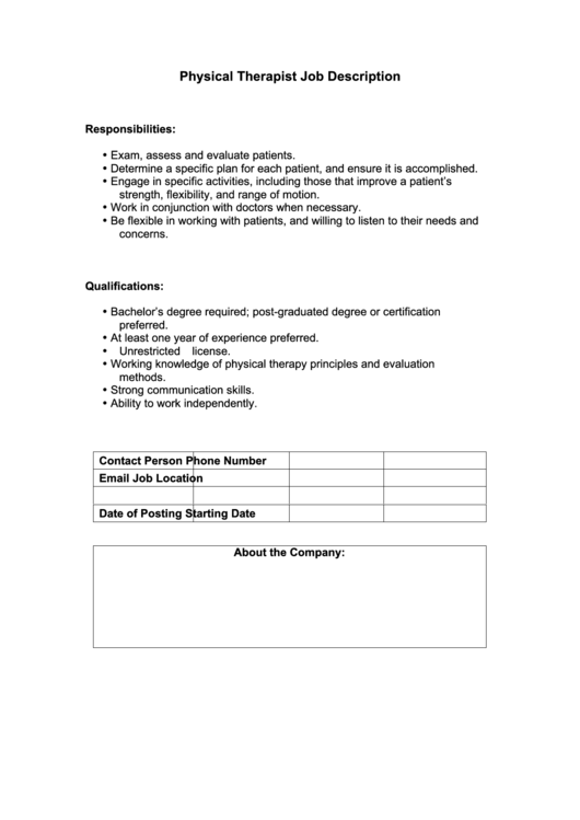 Physical Therapist Job Description Printable pdf