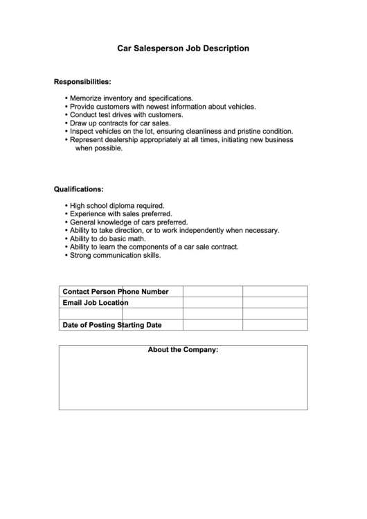 Car Salesperson Job Description Printable pdf