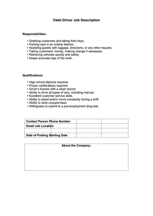 Valet Driver Job Description Printable pdf