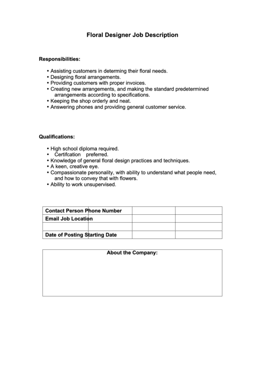 Floral Designer Job Description Printable pdf