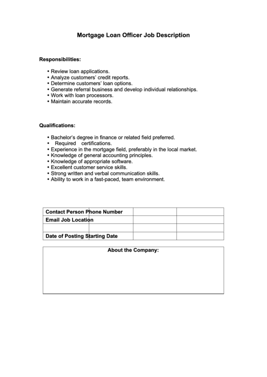 Mortgage Loan Officer Job Description Printable pdf