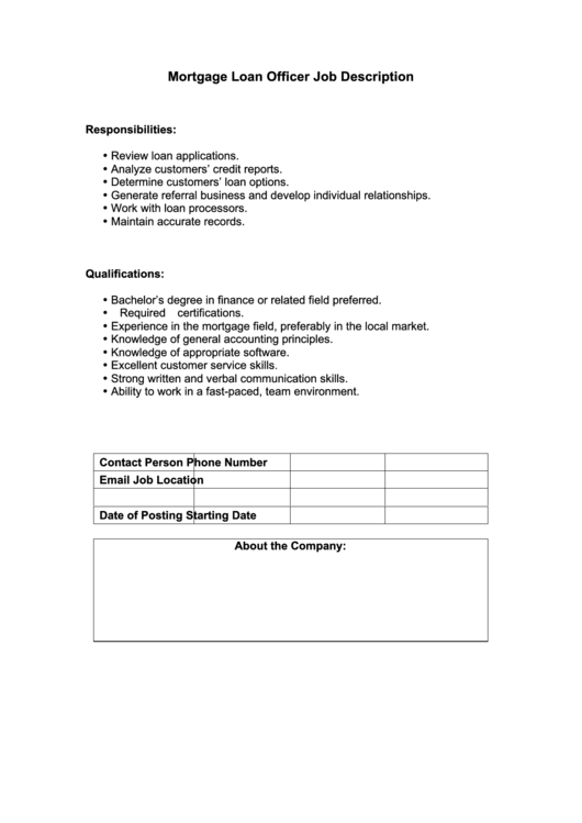  Mortgage Loan Officer Job Description Printable Pdf Download