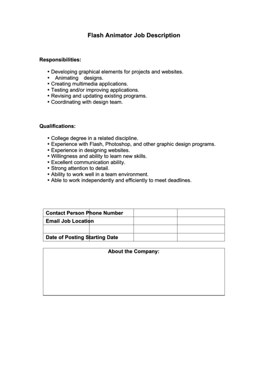 Flash Animator Job Description Printable pdf
