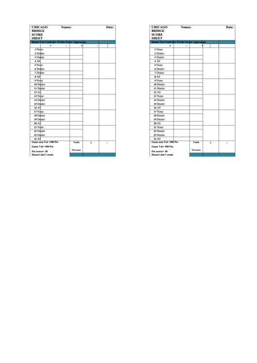Chicago Bridge Score Sheet Printable pdf