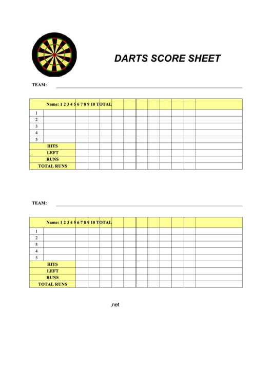 Darts Score Sheet Printable pdf