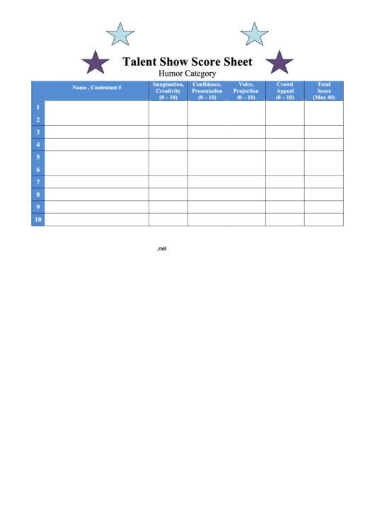 Score Sheet For Talent Show Humor Category Printable pdf