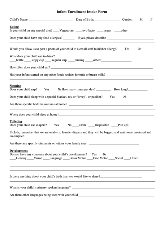 Infant Enrollment Intake Form Printable pdf
