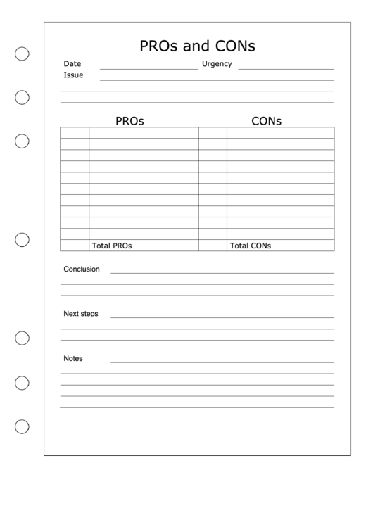Pros And Cons Template - Right Printable pdf
