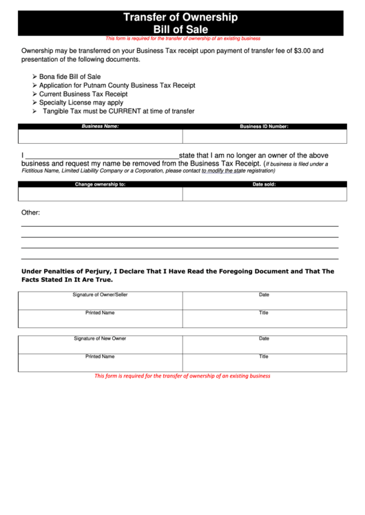 Transfer Of Ownership Bill Of Sale Printable pdf