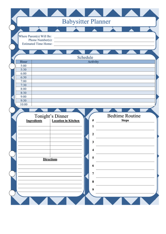 Babysitter Planner (Night) Printable pdf