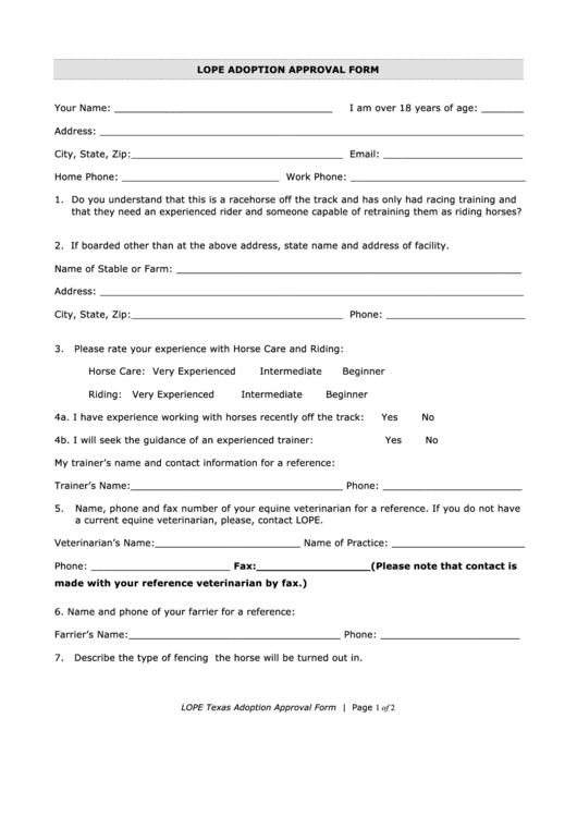 Lope Adoption Approval Form Printable pdf