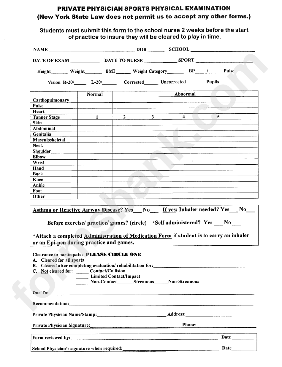 Private Physician Sports Physical Examination Form