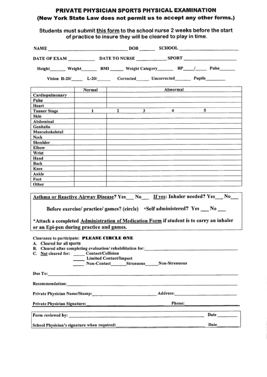 Private Physician Sports Physical Examination Form Printable pdf