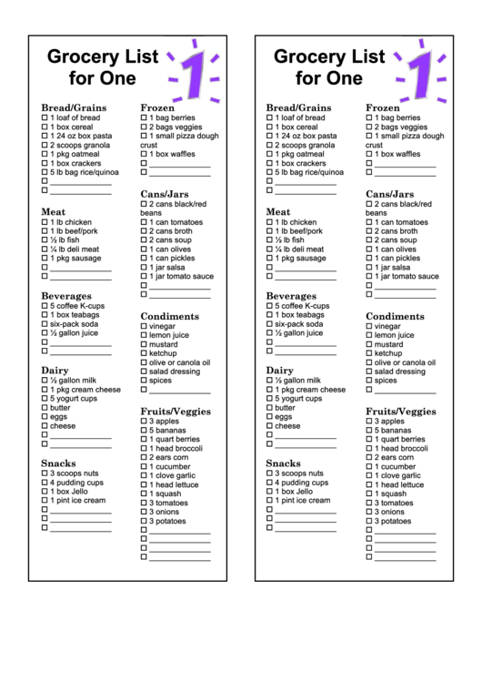 Grocery List Template For One Printable pdf