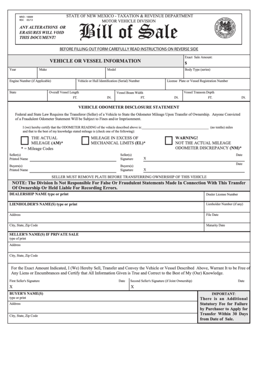Bill Of Sale (vehicle Or Vessel) Template - New Mexico Motor Vehicle Division