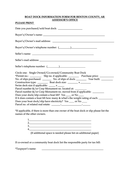 Boat Dock Information Form For Benton County, Ar Assessor