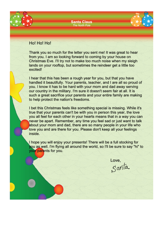 Santa Letter Template (Parents In Military) Printable pdf