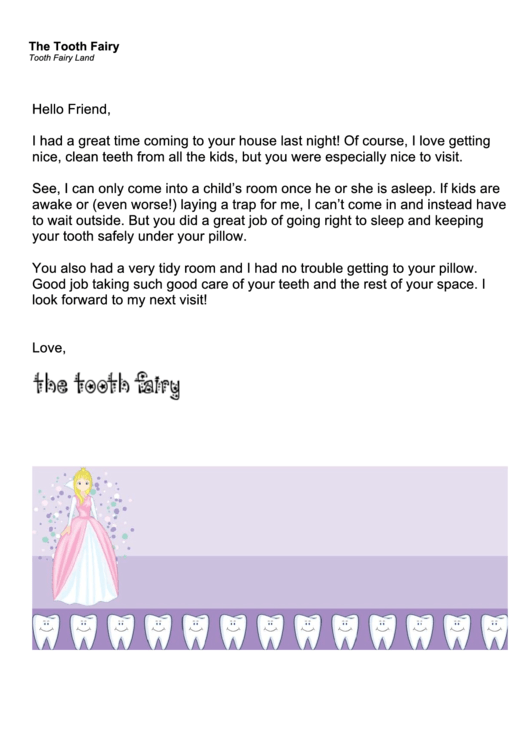 Tidy Room Tooth Fairy Letter Printable pdf