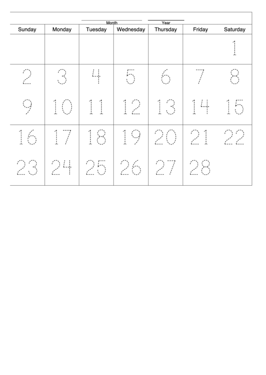 28-Day One Month Calendar Template Printable pdf